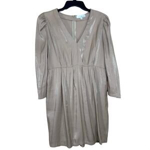 Pinch Tan Long Sleeve Pleated Waist Mini Dress V Neck Lined Pockets Size Large